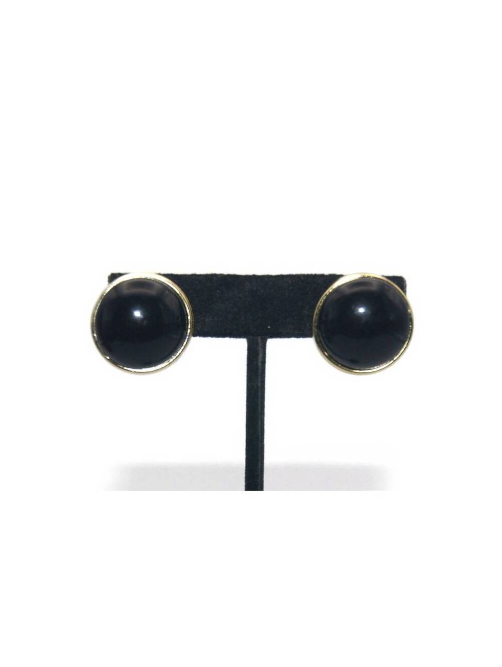 Vintage Gold Tone and Black Plastic Round Stud Earrings.